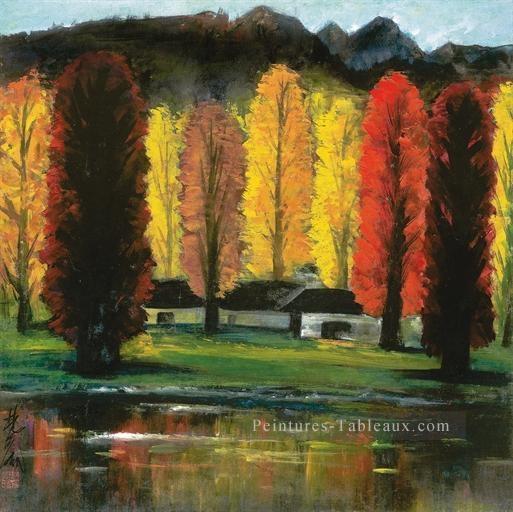 crépuscule de l’automne dans une forêt 1960 vieille encre de Chine Peintures à l'huile